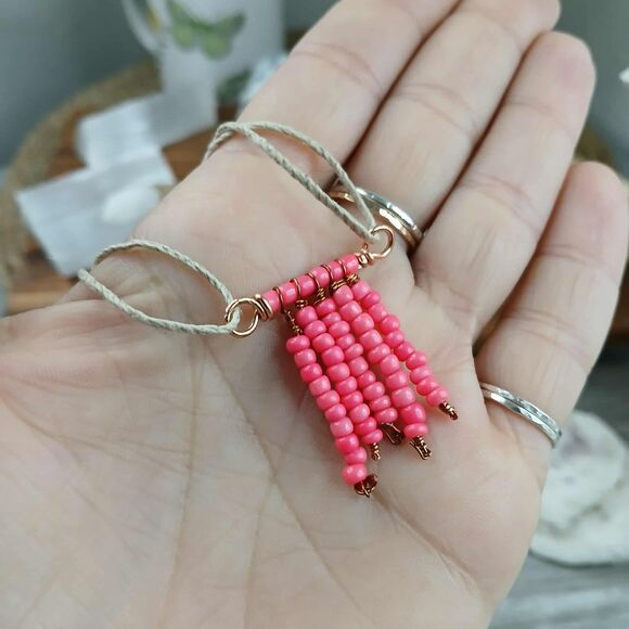 Pink Beaded Pendant Necklace, Seed Bead Jewelry, 17" - Picture 3 of 4